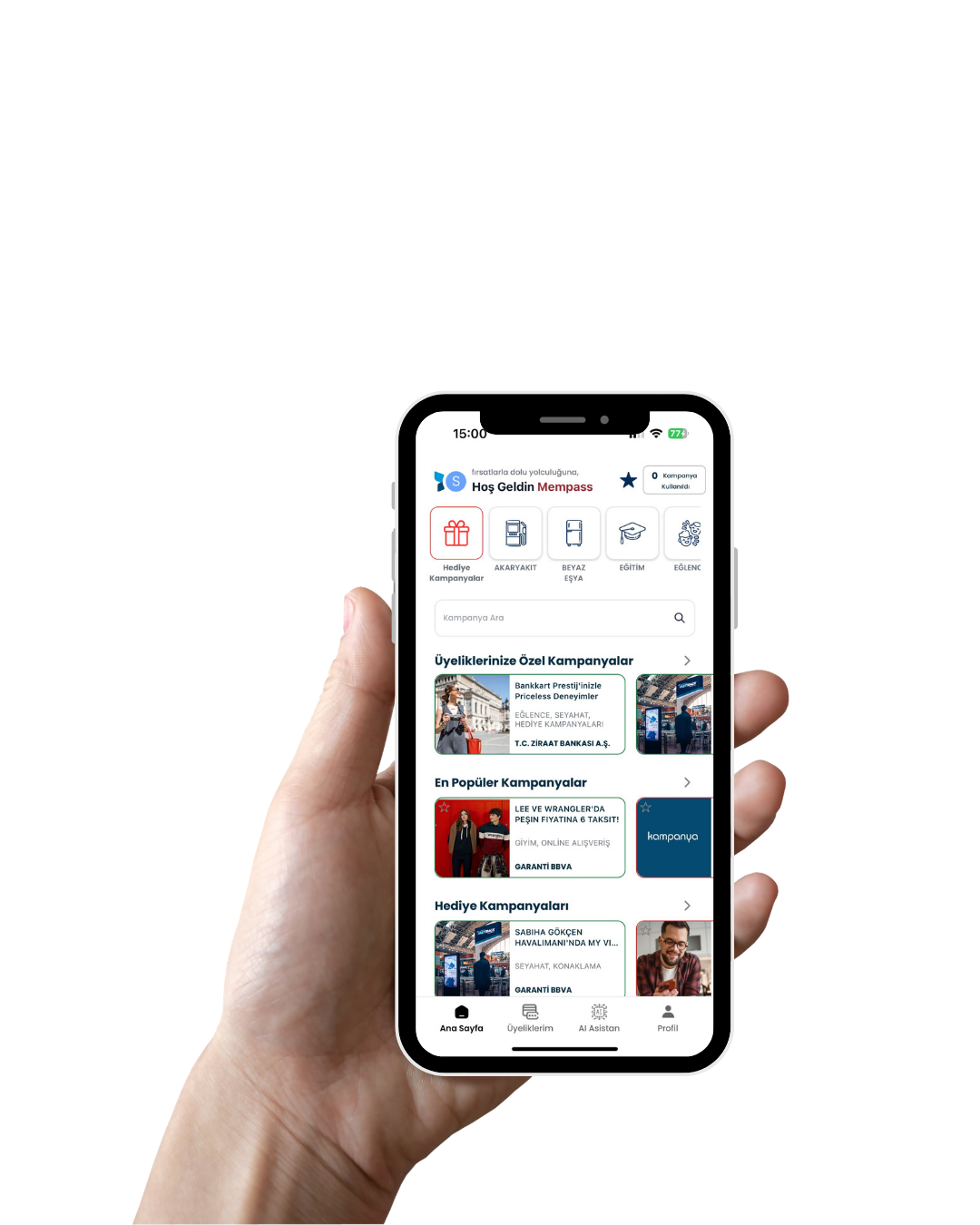 Favori markalara ait aktif kampanyalar – Mempass uygulaması ekran görüntüsü